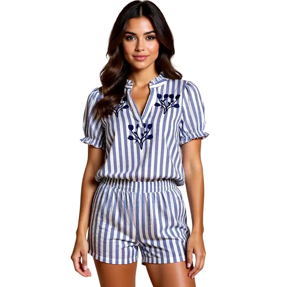 Alice Blue Women Striped Embroidered Top and Shorts 2 Piece Set Blue White S NWT